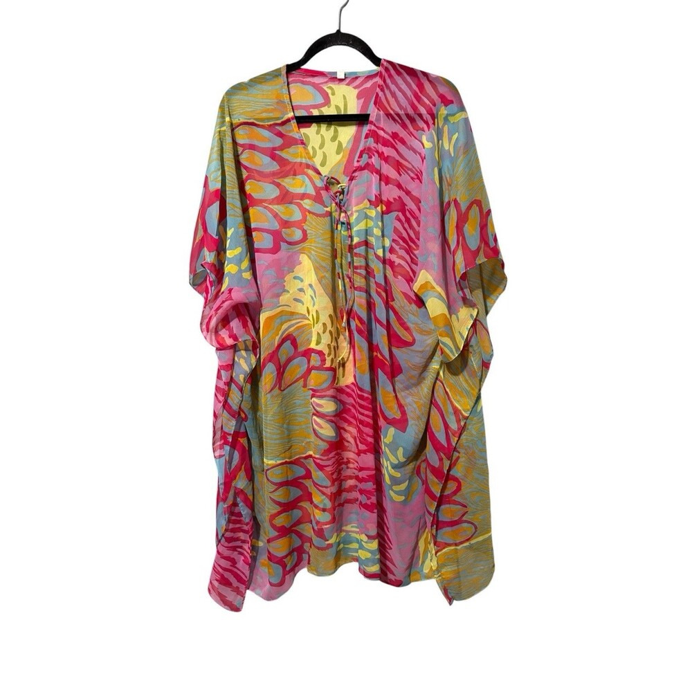 Sheer Tropical Print Chiffon Kaftan Cover Up Tie Front One Size